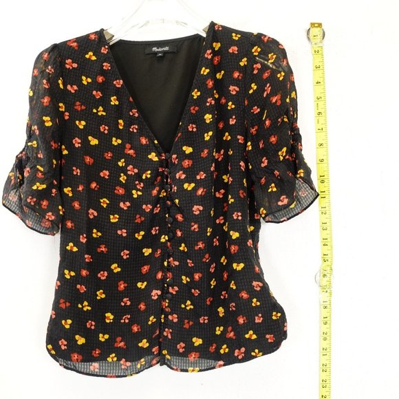 MADEWELL Women's Black Yellow Top 00 XS Puff Sleeve Button Front‎ Micro Floral - Picture 6 of 9